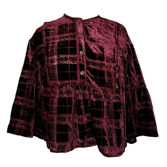 Anthropologie The Korner Crushed Velvet Cropped Top Sz S Burgundy Tonal Squares - Picture 1 of 4